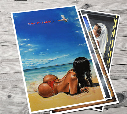 JEREMY WORST Back at it Again Artwork Signed Print poster Beach Bikini sexy red nsfw Nudes tattoo sky blue laying ocean hentai waifus  anime