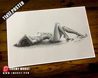 JEREMY WORST " Beach 2016" Seductive woman on beach sexy sketch model lying down laying relaxing look profile artwork wall decor wall art